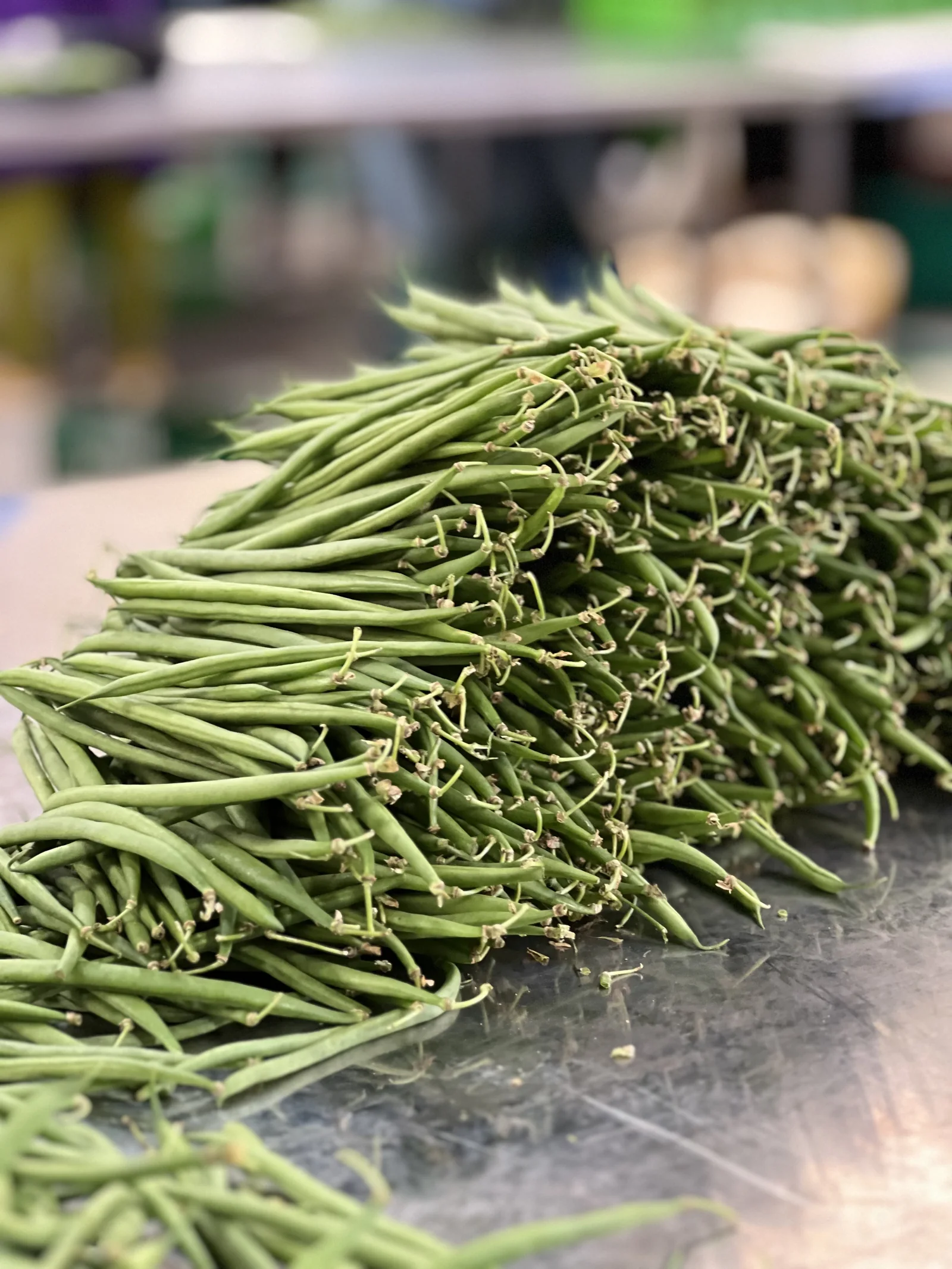 A bunch of fresh French beans on a packing table